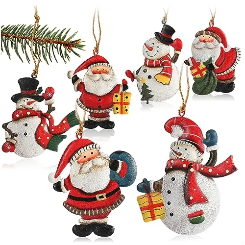 COM-FOUR® 6X Metallanhänger für den Weihnachtsbaum - Christbaumschmuck aus Metall - Weihnachtsdeko mit Schneemann und Weihnachtsmann (6 Stück - Santa + Schneemann - groß)