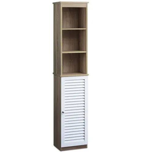 Badezimmerhochschrank Braun/Weiß 170x34x26cm - Drohnen: Stilvoller Badschrank mit pflegeleichter Holzdekor-Oberfläche und 6 Regalfächern für optimale Aufbewahrung.
