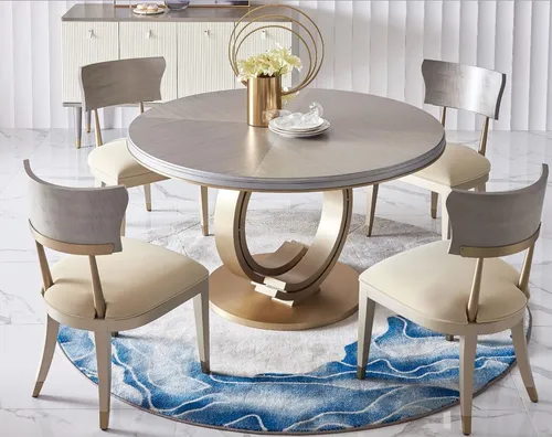 Moderne Esszimmergarnitur: Rundtisch mit 4 Stühlen - 5-teiliges Set mit einem eleganten Rundtisch und 4 bequemen Stühlen aus Holz und Edelstahl. Ideal für stilvolle Esszimmer, kein Zusammenbau erforderlich.