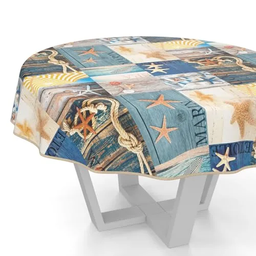 ANRO Wachstuchtischdecke Wachstischdecke Wachstuch Tischdecke abwaschbar Gartentischdecke Rund Oval Eckig Maritim Rund 120cm mit Saum (Eingefasst)