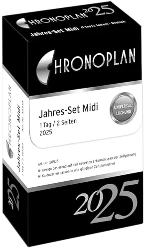 Chronoplan 50535 Kalendereinlage 2025 (Jahres-Set Midi (96x172mm), Ersatzkalendarium für Terminplaner, Tagesplaner, ideal für detaillierte Tagesplanung, 1 Tag auf 2 Seiten, mit Universallochung) weiß