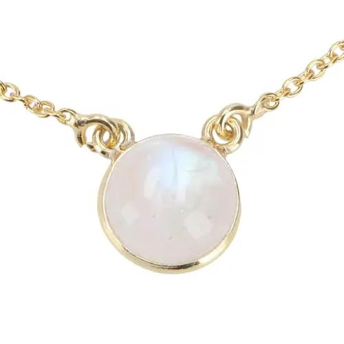 GURU SHOP Feine Vergoldete Silberkette mit Rundem Mondstein, Weiß