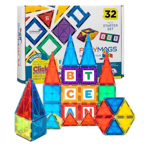 Playmags 3D Magnetische Blöcke für Kinder - Magnet Blöcke Lernen Formen, Farben & Alphabet STEM Magnetic Spielzeug entwickelt Motorik und Kreativität-Bunte (32 + 6-teiliges Set)