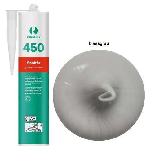 Ramsauer Dichtstoff Ramsauer 450 Sanitär 1K Silikon Dichtstoff 310ml Kartusche blassgrau, gebrauchsfertig, chemisch widerstandsfähig, schnellhärtend, UV-beständig, pilzhemmend