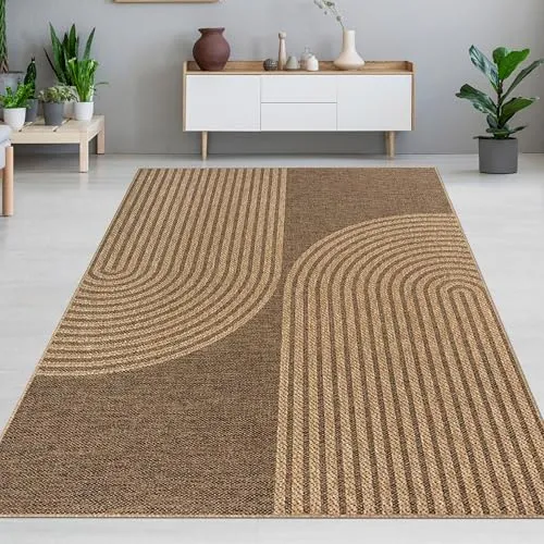 CARPETIA Teppich Gästezimmer Balkonteppich Wohnzimmer innen außen pflegeleicht mit elegantem Bogenmuster beige & braun 120 x 170 cm