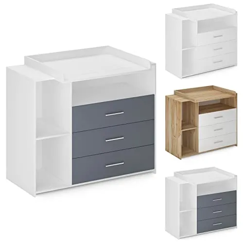 Infantastic® Wickelkommode -Mit Wickelauflage, 3 Schubladen, 3 Fächer, 113x53x101.6 cm, in MDF, Weiß/Grau/Sonoma