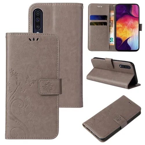 Handy Tasche für Samsung Galaxy A50 Handyhülle Blumen Buch Klapp Case Cover Grau