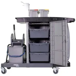 Sprintus MatriX Reinigungswagen mit Presse und Mopp-Ablage - Reinigungswagen mit 4 Eimern (5L) in Farben, 2 großen Eimern (17L) und Müllsack mit Reißverschluss. Ideal für effizientes und organisiertes Reinigen in gewerblichen Umgebungen.