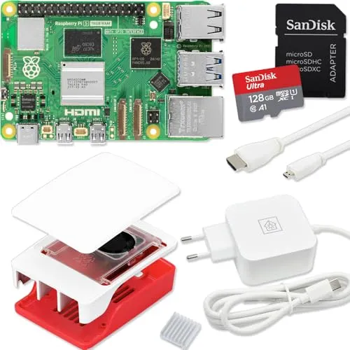 Raspberry Pi 5 16GB Starter-Kit | 128GB Ultra Edition | 45W Netzteil | Offizielles Gehäuse mit Lüfter | 4K Micro HDMI Kabel 1m | Alu-Kühlkörper