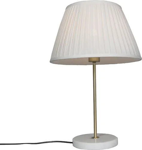 QAZQA Retro Tischlampe Messing mit Plissee Schirm 35 cm - Kaso I Elegant für Wohnzimmer & Schlafzimmer - Die Kaso Tischlampe vereint elegantes Design mit praktischem Nutzen. Ihr klassischer Plissee-Schirm und der stabile Marmorfuß machen sie zum idealen Lichtspender für jeden Raum. Dimmbar und LED geeignet!