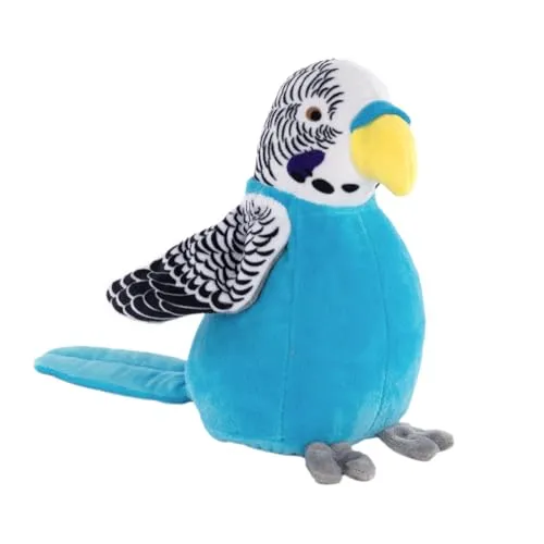 Idena 40359 - Plappertier Wellensittich in Blau, ca. 18 cm, Plüschtier spricht alles in witziger Stimme nach und bewegt dabei die Flügel, batteriebetrieben (Batterien nicht enthalten)