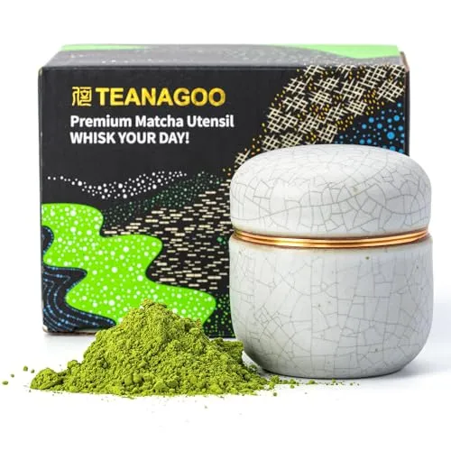 TEANAGOO Tragbarer Keramik-Matcha-Tee-Kanister |2,8 oz Doppelt versiegelter Vorratsbehälter mit Aluminiumdeckel, kompaktes Design,ideal für die Reiseküche, X5, Elfenbeinweiß mit schwarzer Naht
