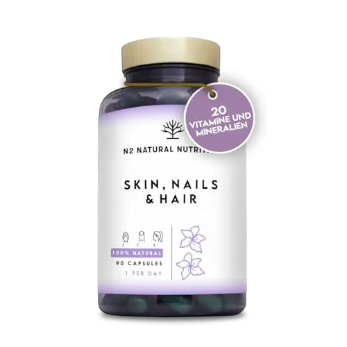 Biotin Hochdosiert. Haut Haare Nägel Vegan Kapseln, Zink, Selen. Vitaminen C, E, B und Mineralien Magnesio. Haarwachstum beschleunigen, bartwuchsmittel, haut vitamine. 90 Kapseln N2 Natural Nutrition