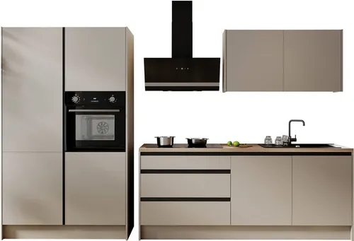 Yourkitchen Küchenblock Premium 335 TROJA - Eleganter Küchenblock in Kaschmirgrau mit hochwertiger E-Geräte-Ausstattung. Ideal für moderne Küchen, bietet er optimalen Stauraum und eine stilvolle Atmosphäre.