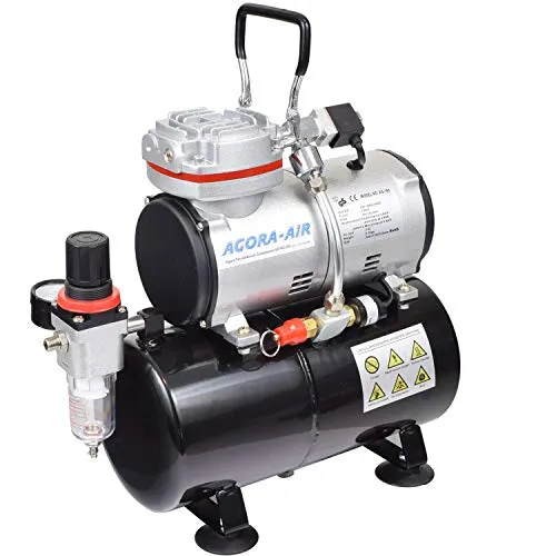 Agora-Tec® Airbrush Compressor AT-AC-05 - Öl- und wartungsfreier Mini Luft Kompressor für Airbrushanwendungen, max. Druck 6 bar, 23l/min Fördermenge, inkl. 3,0 L Tank und Kondenswasserfilter, ideal für präzise Lackierungen und Modellbau.