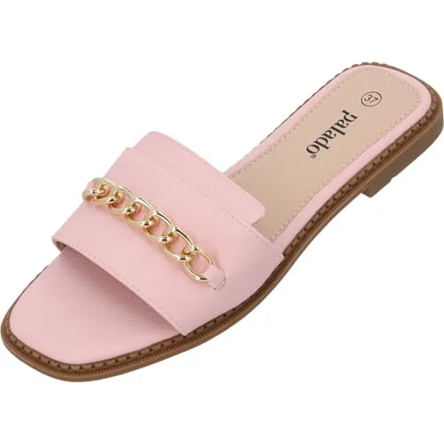Palado Pantoletten Damen Pekiz - bequeme Sandalen - elegante Hausschuhe - modische Sommerschuhe mit Kettendetail Rosa UK3,5 - EU36