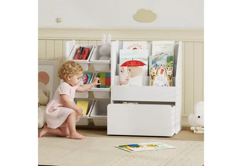 AIYAPLAY Spielzeugtruhe mit 6 herausnehmbaren Aufbewahrungsboxen, Bücherablage, rollbarer Box (Kinderregal, 1 St., Kinder-Bücherregal), mit Rädern, für Kinderzimmer, Spielzimmer, 100x30x80 cm, Weiß