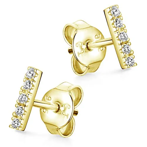 Materia Gold Ohrstecker klein Silber 925 mit Zirkonia - Elegante Stäbchen Ohrringe - Ohrringe für Damen, kleine Gold Ohrstecker mit funkelndem Zirkonia, ideal für Kombinationen im zweiten oder dritten Ohrloch, aus 925 Sterling Silber mit Goldvergoldung.