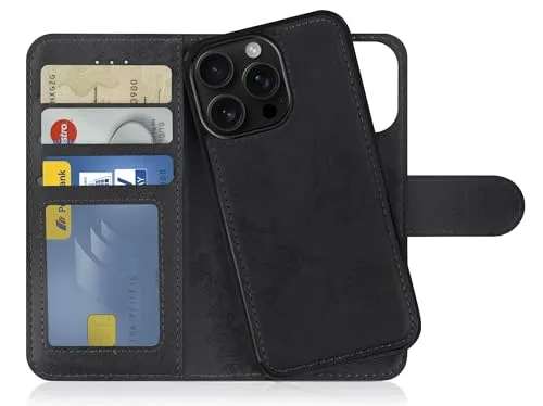 MyGadget Flip Case für iPhone 16 Pro - [ abnehmbare Magnet Hülle ] - Handyhülle aus Kunstleder - [ Klapphülle mit Kartenfach ] Schutzhülle in Schwarz