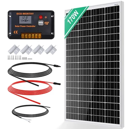 ECO-WORTHY Monokristallines Solarpanel Solarzelle kit 170W enthält 12V Solarmodul + 30 A Solarladeregler + 5m Solarkabel + Z-Befestigungsklammern für Wohnmobil,Wohnwagen,Haushalt und Off-Grid-System