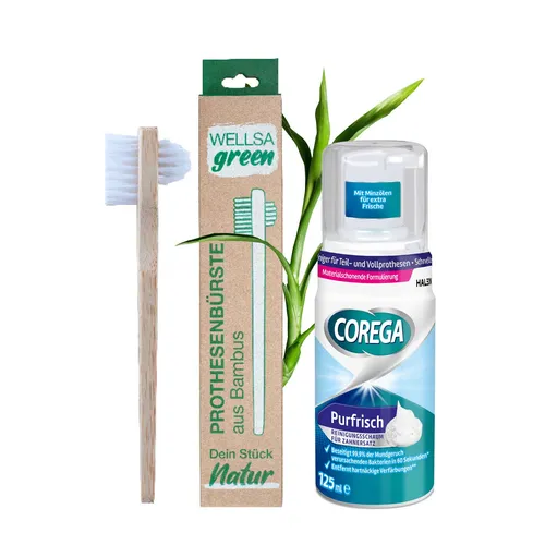 Wellsamed GmbH wellsagreen Bambus Prothesenreinigungsset Prothesenbürste + COREGA Purfrisch