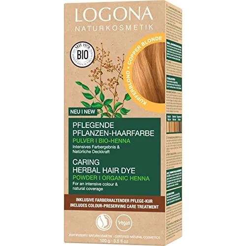 LOGONA Naturkosmetik Pflegende pflanzliche Haarfarbe, Veganes Haarfarbe-Pulver mit Bio-Henna für intensive Farbe und Glanz, Pflanzenhaarfarbe in Kupferblond (Blond), 1 x 100g