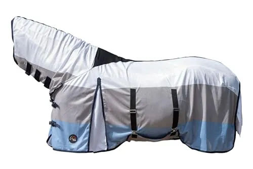 HKM Strong Fliegendecke mit Halsteil, Blau/Weiß/Grau, 165 - Fliegenschutz für Pferde, schützt effektiv vor Fliegen und Insekten mit Anti-Riss V-förmigem Einsatz, der Druckstellen im Widerrist-, Hals- und Brustbereich verhindert.