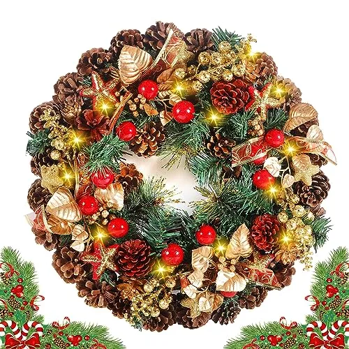 ZZXLOPEZ LED Weihnachtskranz 30CM - Weihnachten Kränze – dieser 30 cm große Kranz mit 10 warmweißen LEDs und liebevollen Details wie Kiefernzapfen und roten Beeren ist ideal für festliche Dekorationen und sorgt für stimmungsvolles Licht.