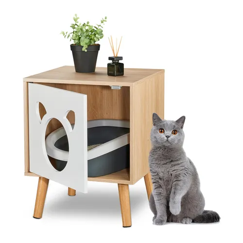 Katzenschrank Katzenkommode - Katzenklo-Haus für stilvolles Wohnen - Kratzbaum & Möbel: Elegantes Katzenmöbel in Natur/Weiß, bietet versteckten Platz für das Katzenklo und passt perfekt in jedes Zuhause.