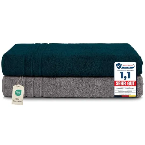 Komfortec Saunatuch Set 80x200 cm - 100% Baumwolle - Saunahandtücher Set aus 2 XXL Frottee-Tüchern, weich und schnelltrocknend. Ideal für Sauna und Wellness, pflegeleicht und saugfähig.