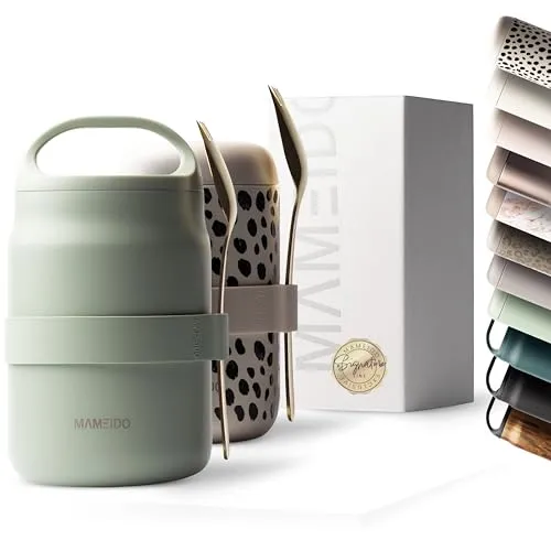 MAMEIDO Thermobehälter 800 ml – Auslaufsicher mit Besteck - Thermobehälter aus Edelstahl und Silikon, vakuum-isoliert, ideal für unterwegs. Integrierter Henkel und Besteck sorgen für Komfort beim Transport von Snacks und Mahlzeiten.