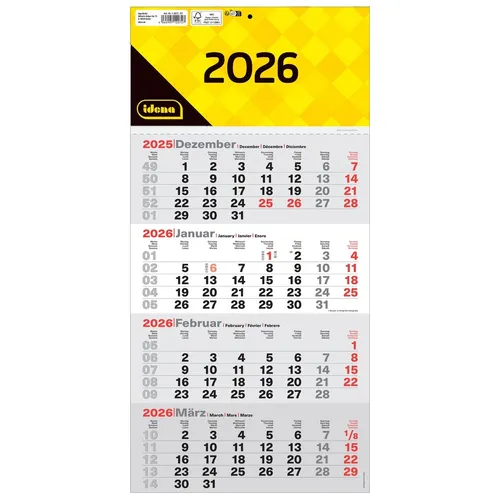 Monatskalender 2026 / 4-Monatskalender / Bürokalender / Wandkalender