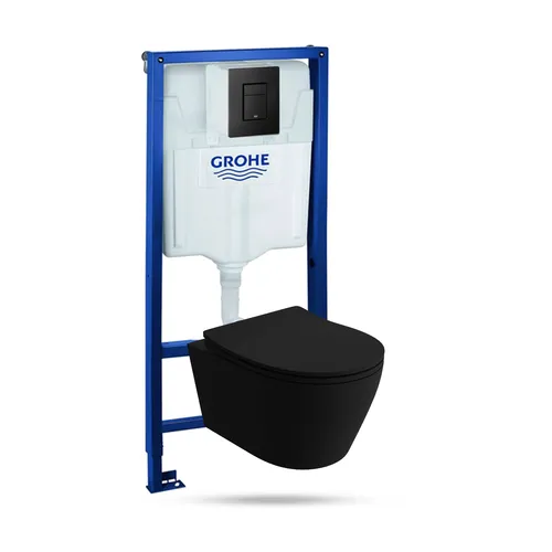 Vorwandelement Solido + Wand WC Praia Schwarz + Schwarzer Knopf Komplettset - WCs: Elegantes Komplettset für modernes Badezimmer, inklusive Vorwandelement und hochwertigem Wand-WC in edlem Schwarz.