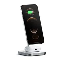 Satechi Magnetic 2-in-1 Wireless Charging Stand Space Gray - Kabellose Qi-Ladegeräte mit modernem Design und LED-Anzeige. Unterstützt schnelles Laden für iPhone 12 (bis zu 7,5W) und AirPods Pro (bis zu 5W). Ideal für stilbewusste Nutzer.