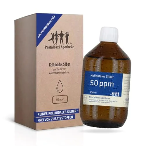 Pestalozzi Apotheke - Kolloidales Silber 50 ppm – 100% natürliches Silberwasser in Apothekenqualität, hochrein & ohne Zusatzstoffe, vielseitig anwendbar, Braunglasflasche – 500 ml
