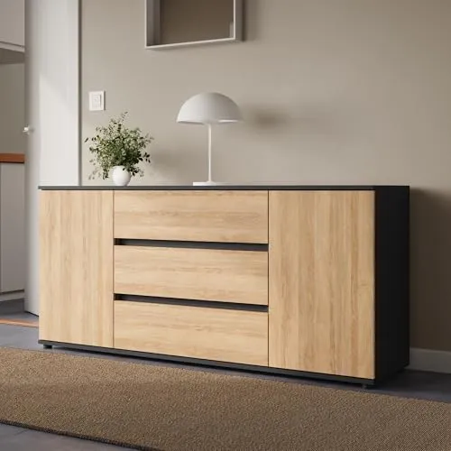 Home Collective Kommode Sideboard mit Schubladen | Modernes Möbel für Wohnzimmer und Schlafzimmer - Die stilvolle Kommode bietet mit 3 Schubladen und 2 Türen praktischen Stauraum für jedes Zimmer. Ihr modernes Design in Anthrazit und Artisan-Eiche passt perfekt in zeitgemäße Wohnkonzepte.