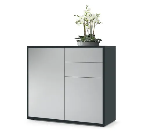 Vladon Kommode Ben V1 - Moderne Kommode mit 2 Türen und 2 Schubladen - Elegante Kommode in Schwarz matt/Hellgrau Seidenmatt, ideal als vielseitiges Möbelstück für Wohnzimmer, Schlafzimmer oder Flur. Pflegeleichte Oberfläche und geräuschlose Schubladen für einfachen Zugriff.