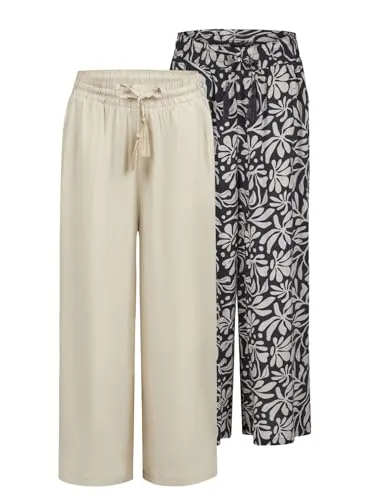 DENIMFY Palazzo Hose Damen Sommer 7/8 Loose Fit DFKate 2er Pack Weites Bein Sommerhose leicht Stoffhose Knöchellang Elastische Taille Einfarbig Muster Viskose, Größe:XXL, Farben:Farbmix 11