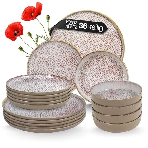 Moritz & Moritz ALHAMBRA Geschirrset 12 Personen 36-tlg. aus hochwertigem Porzellan - Modernes Tafelservice in Mousse - Pflegeleichtes Geschirr Set aus je 12x Speiseteller, Dessertteller und Schalen