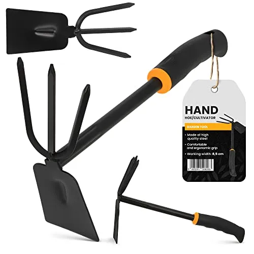 Kombihacke 2in1 Handhacke 3-Zinken-Doppelhacke Gartenhacke Ergonomischer Griff Arbeitsbreite 7cm Hacke zum Unkraut Graben Pflanzen Lockern Lüften Jäten Des Bodens Gartenwerkzeuge Kleingeräte