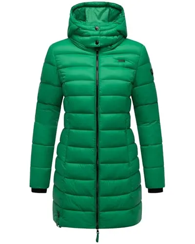 MARIKOO Damen langer Wintermantel warmer Steppmantel mit abnehmbarer Kapuze Abendsternchen Smaragd Green Gr. 3XL