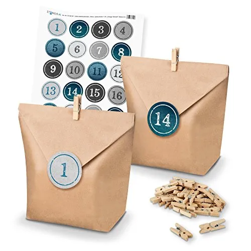 DIY Adventskalender Set zum Basteln und Selberbefüllen blau/hellblau - Papiertüten Klammern Zahlensticker blautöne - mit Weihnachtssticker