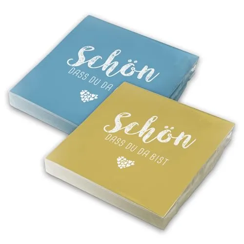 itenga Servietten Schön dass du da bist 30 x 30cm 3-lagig 40 Stück für Kommunion Konfirmation Hochzeit Taufe und andere Feiern (MixPack - 20x Nordic Blue und 20x CurryGelb)