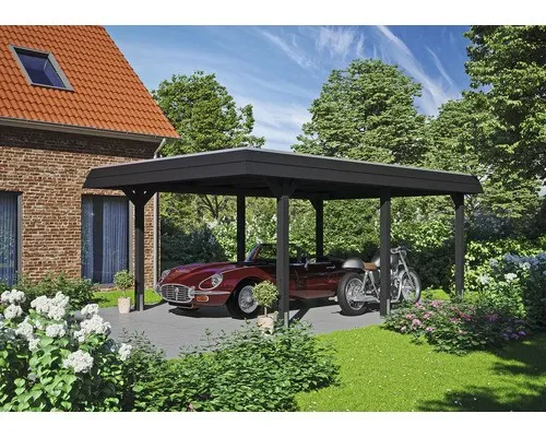 Einzelcarport SKAN HOLZ Wendland mit schwarzer Blende - Carport aus hochwertigem Holz mit Flachdach, inklusive Pfostenanker und EPDM Folie für optimale Witterungsbeständigkeit und langlebigen Schutz.