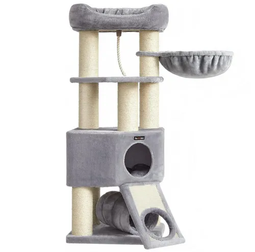 FEANDREA Kratzbaum 141cm - Stabiler Katzenbaum mit Kippschutz - Kratzbäume für Katzen, 4 Ebenen, 2 Liegemulden, stabiler Kippschutz für Sicherheit und Spielspaß.