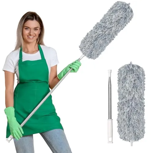 Vicloon Staubwedel Teleskop Waschbar, Staubwischer Mikrofaser Edelstahl Teleskop Stange und Verbiegbare Eckbesen, Staubwedel Lang Ausziehbar Extra Lang Bis 242 cm, für Decken Spinnweben (Hellgrau)