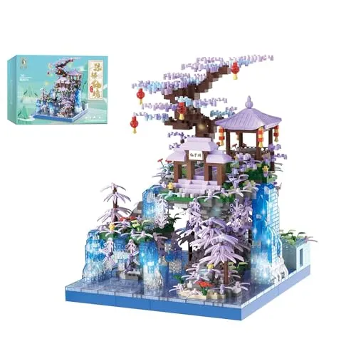 Pasyru Feenpavillon Architektur Bausteine, Chinesische Architektur Bausteine, 2436 Teile Märchenland mit Sakura Baum und Wasserfällen Mini Baustein Modell, Geschenk für Erwachsene und Jugendliche