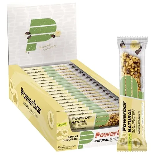 PowerBar Eiweissriegel Natural 30% Protein Banane/Schokolade - Energie-Riegel aus natürlichen, veganen Zutaten mit 30% Protein. Ideal als Snack nach dem Training oder für zwischendurch, lecker mit Banane und Bitterschokolade.