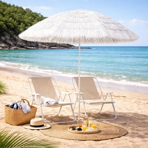 Mojawo Hawaii Strandschirm Sonnenschirm Strand Schirm Sonnenschutz Gartenschirm Bastschirm Sonnenschutz knickbar Polyester Weiß Ø1,6m