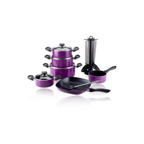 Aluguss-Topfset 17tlg. lila - Hochwertiges 17-teiliges Kochtopfset aus Aluguss in lila, mit langlebiger Antihaft-Versiegelung für müheloses Kochen und Reinigen.